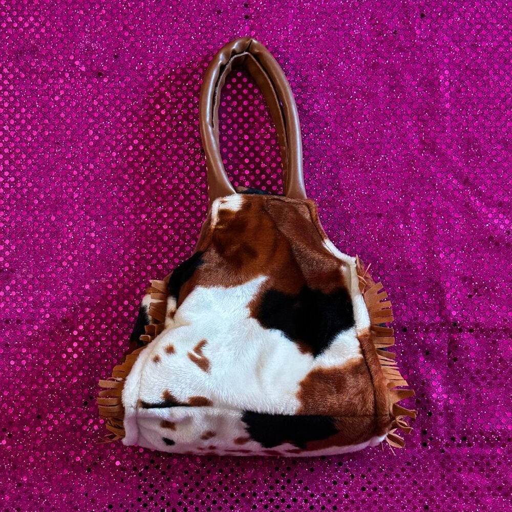 brown, black, and white cowprint mini purse - Picture 2 of 6